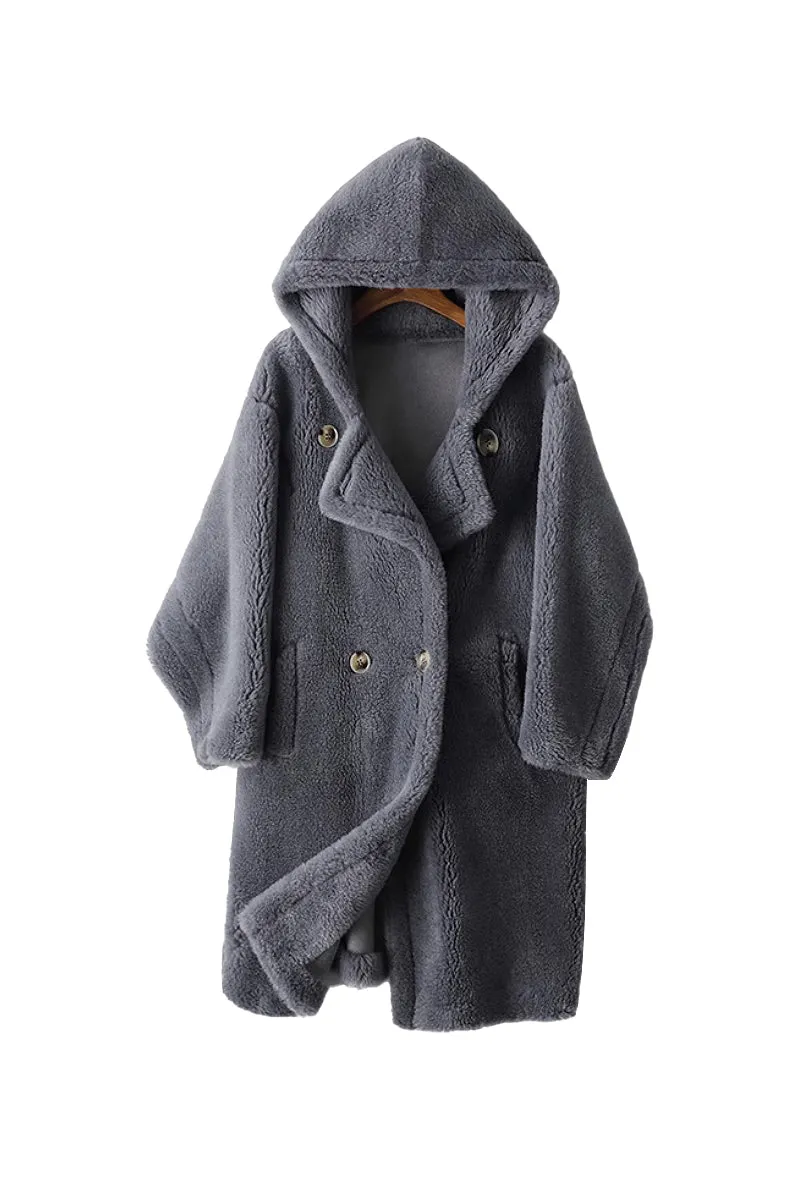 Long Double Breasted Faux Shearling Teddy Coat with Hood