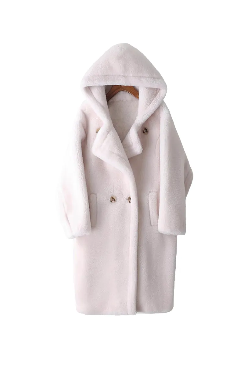 Long Double Breasted Faux Shearling Teddy Coat with Hood