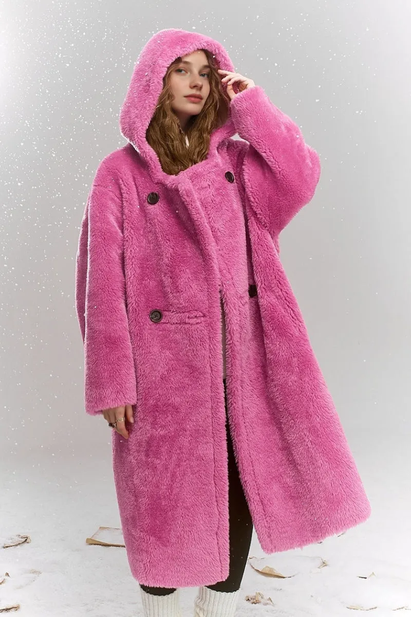 Long Double Breasted Faux Shearling Teddy Coat with Hood