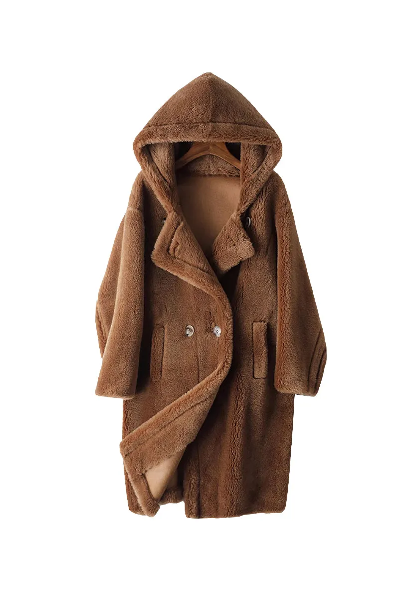 Long Double Breasted Faux Shearling Teddy Coat with Hood
