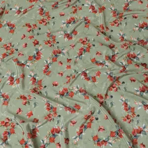 Moss green viscose crepe fabric with multicolor print in floral design-D13816
