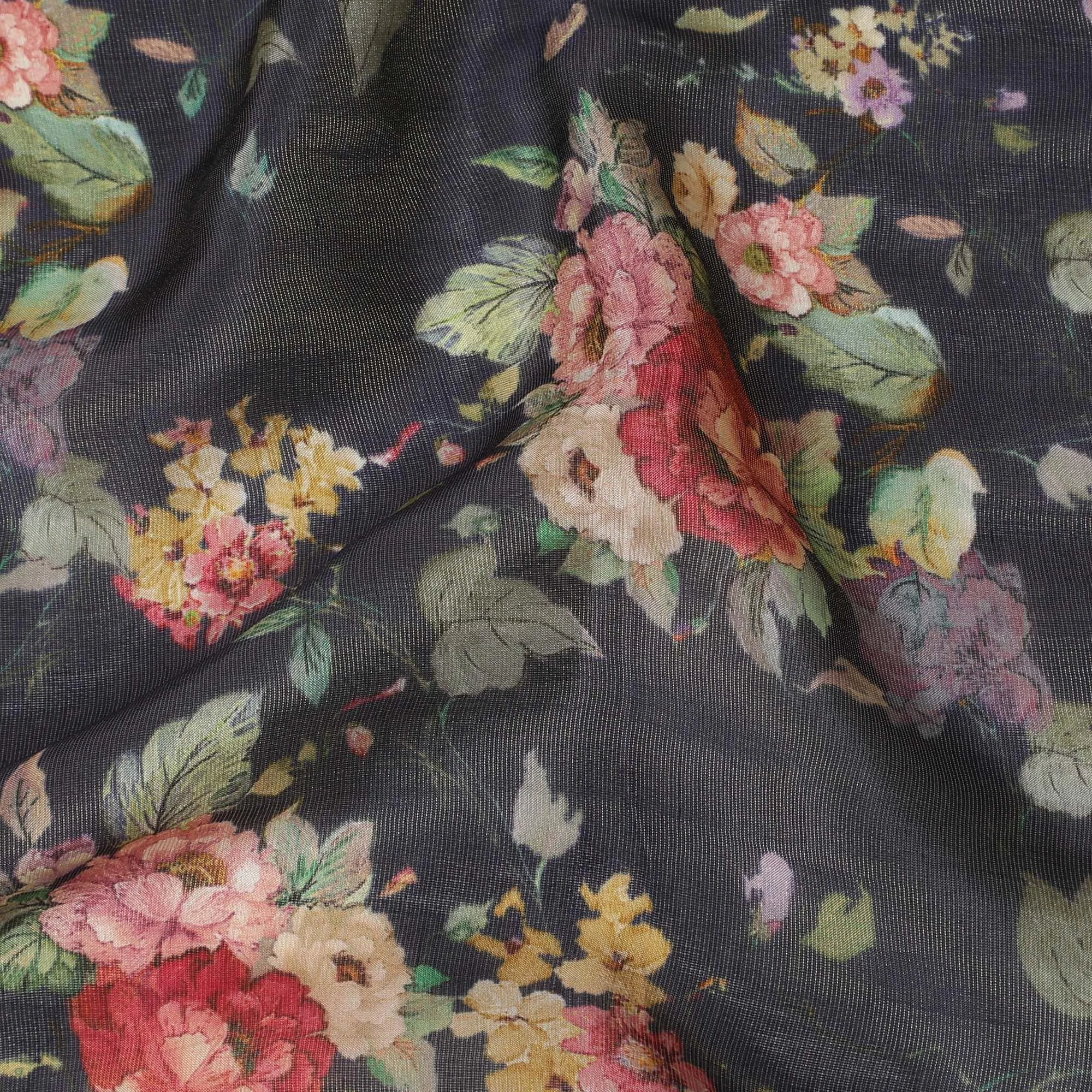 Navy blue viscose fabric with multicolor print having metallic finish in floral design-D16266