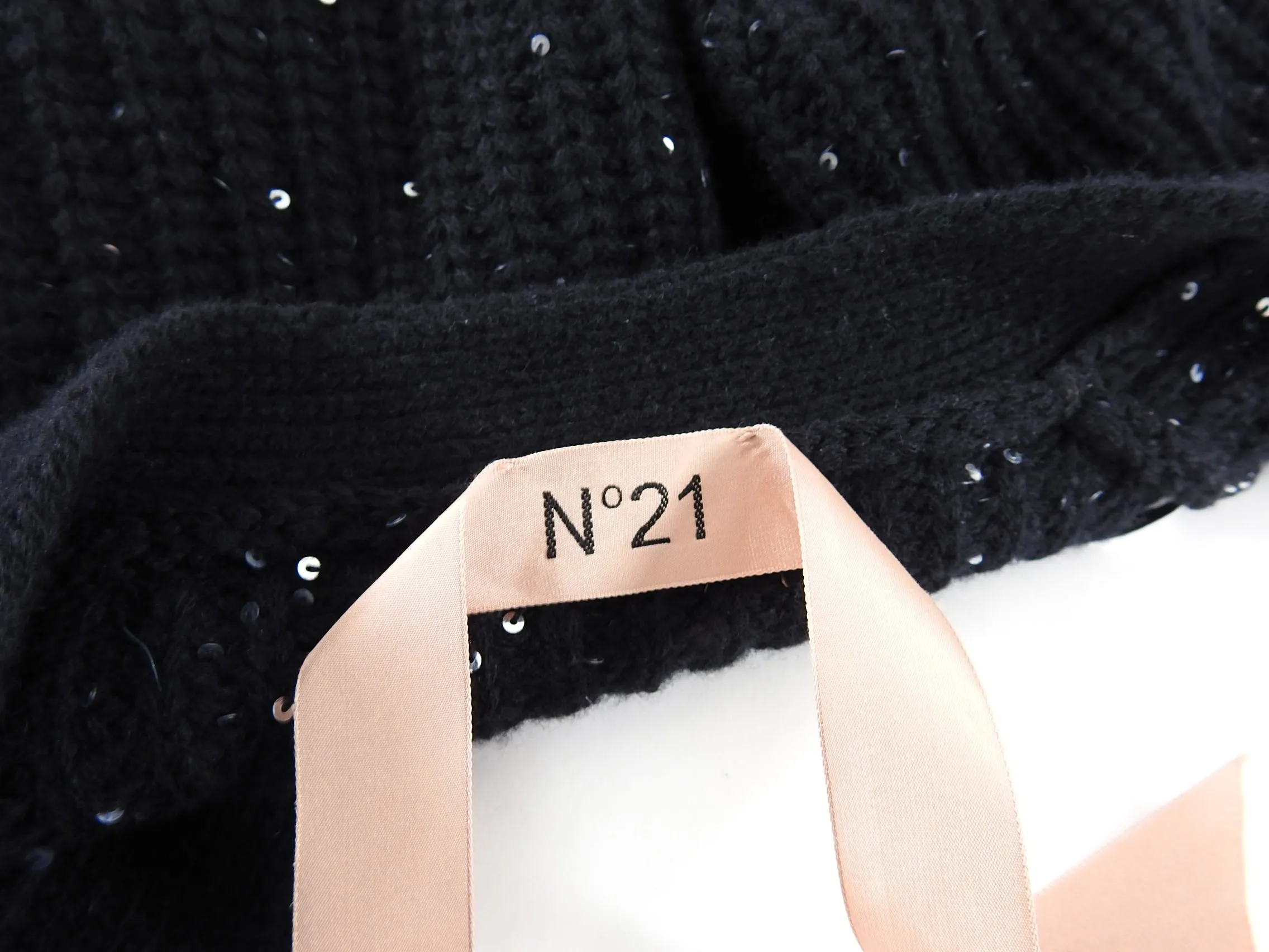 No 21 Black Chunky Knit Sequin Cardigan with Green Trim - 2/4