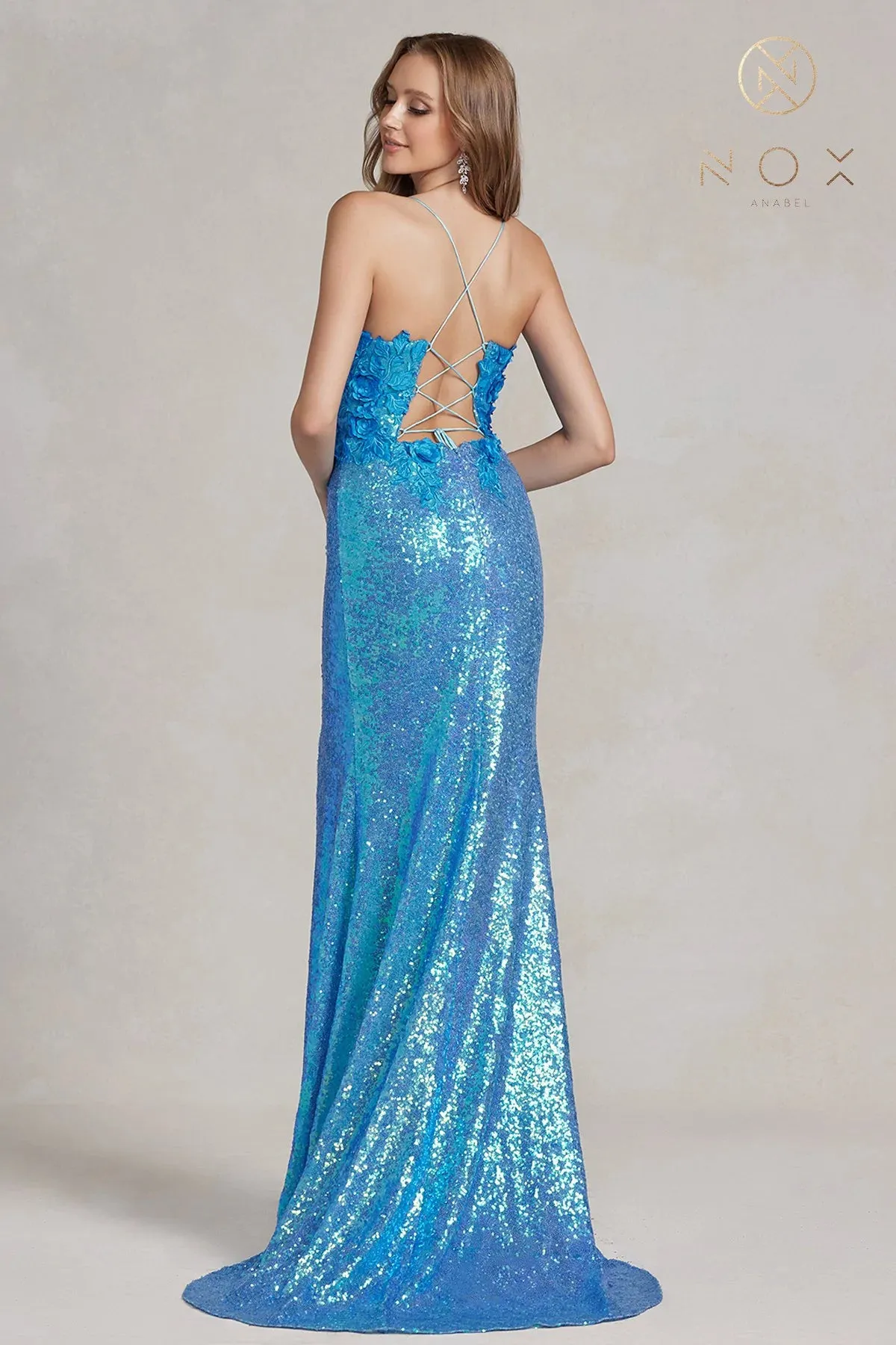 Nox Anabel R1207 Size 10 Light Purple Long Iridescent Floral Lace Sequin Prom Dress Slit Backless Corset Gown