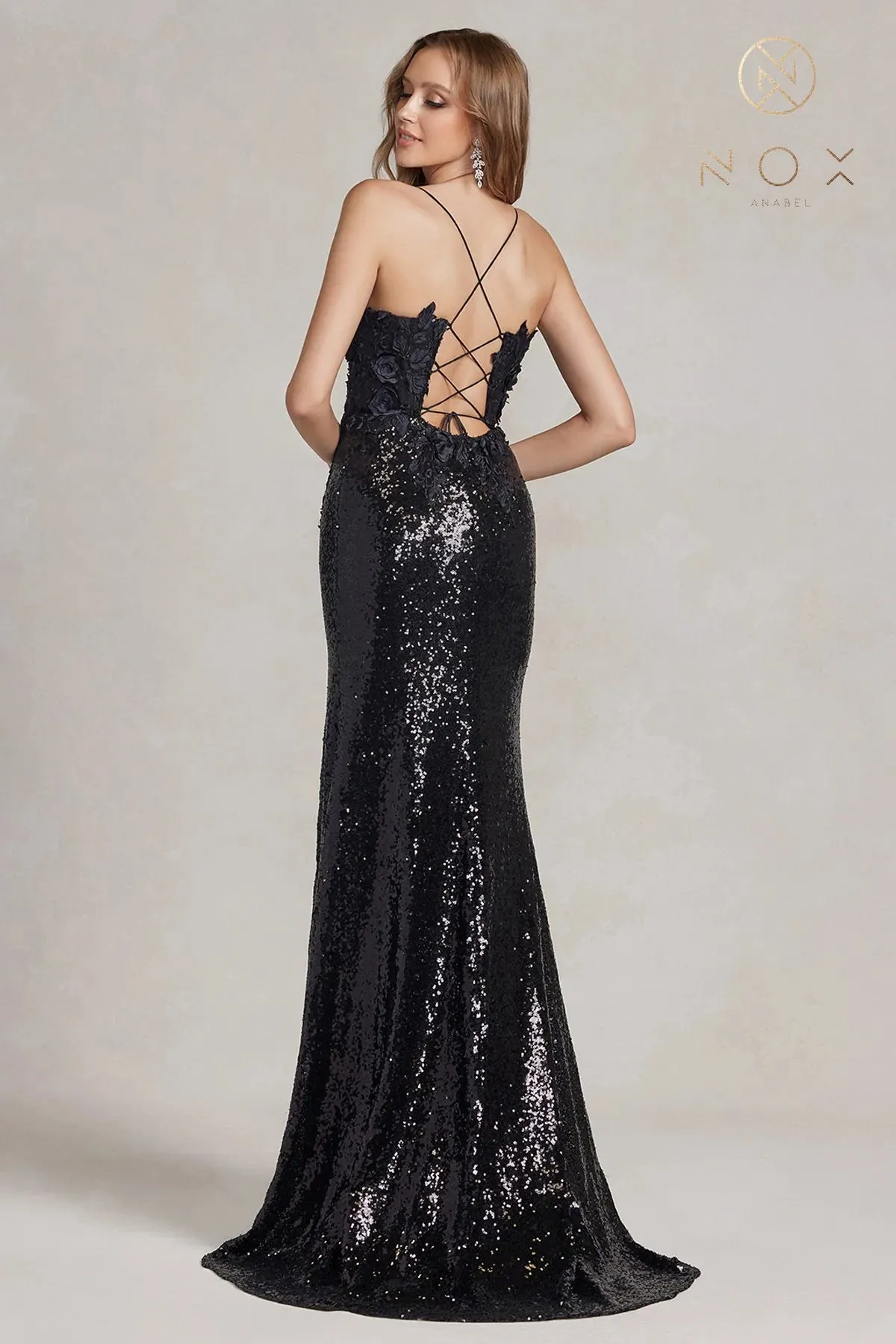 Nox Anabel R1207 Size 10 Light Purple Long Iridescent Floral Lace Sequin Prom Dress Slit Backless Corset Gown