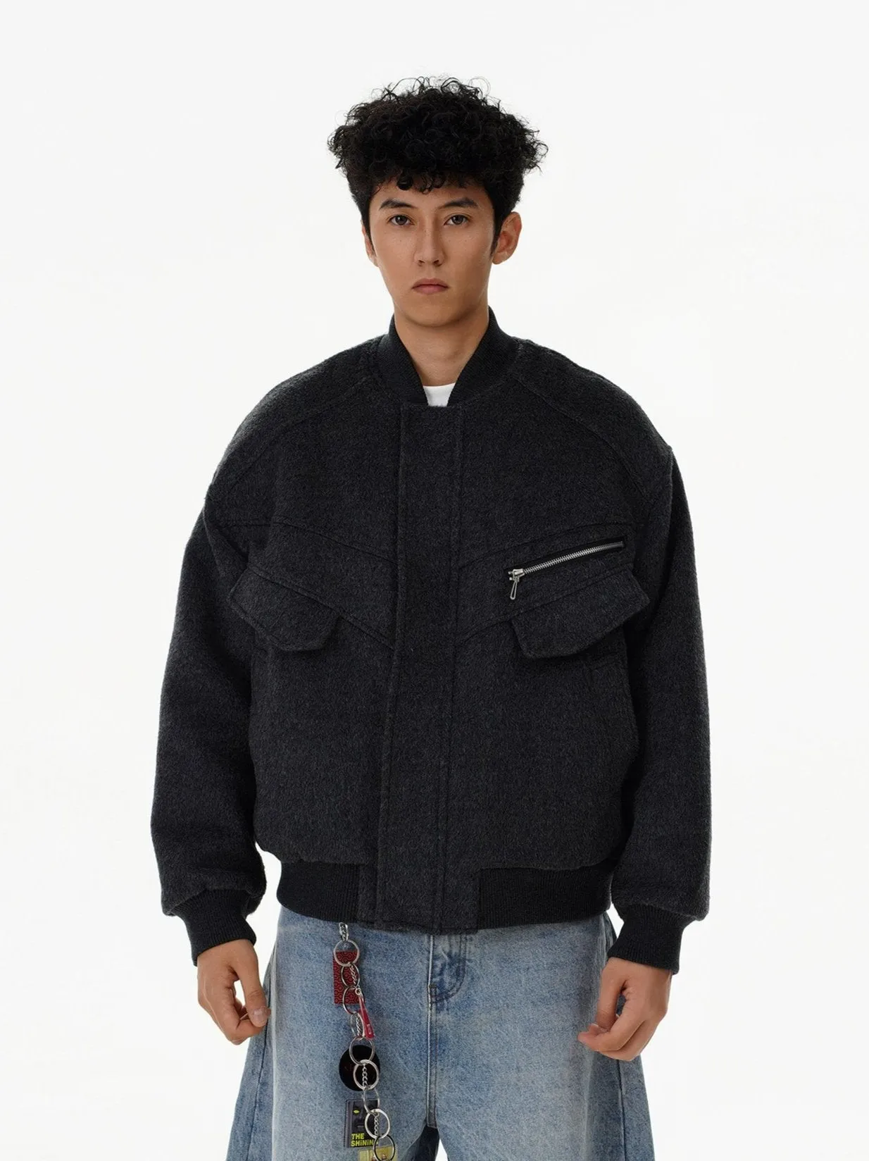 Oversized Drop Shoulder Bomber Jacket with Zip Pocket Detail