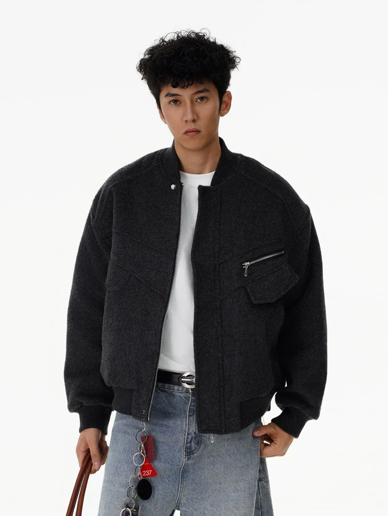 Oversized Drop Shoulder Bomber Jacket with Zip Pocket Detail