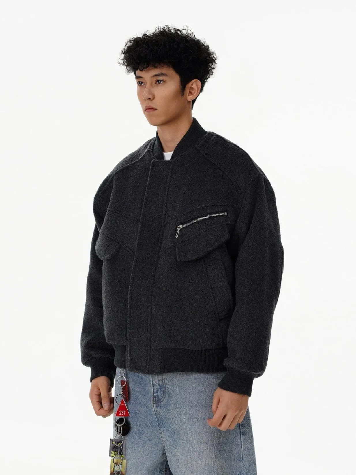 Oversized Drop Shoulder Bomber Jacket with Zip Pocket Detail