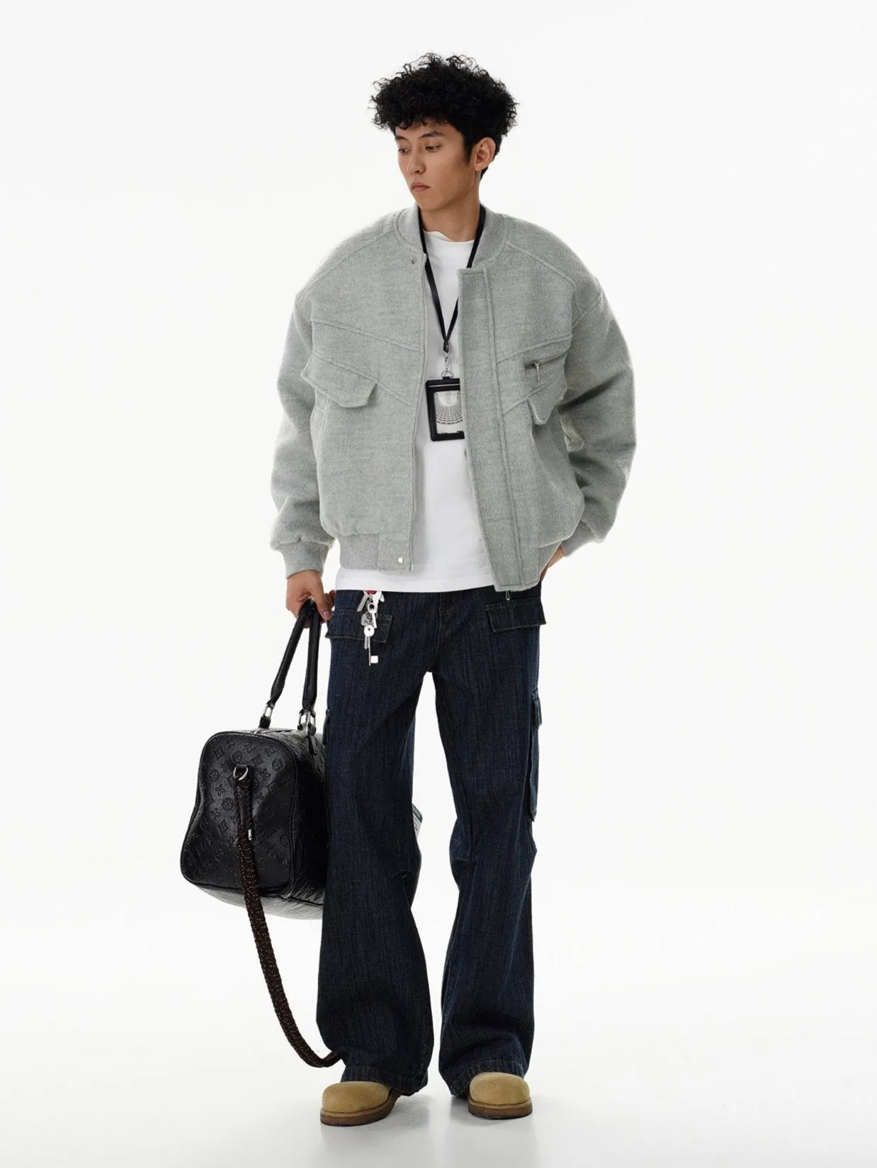 Oversized Drop Shoulder Bomber Jacket with Zip Pocket Detail