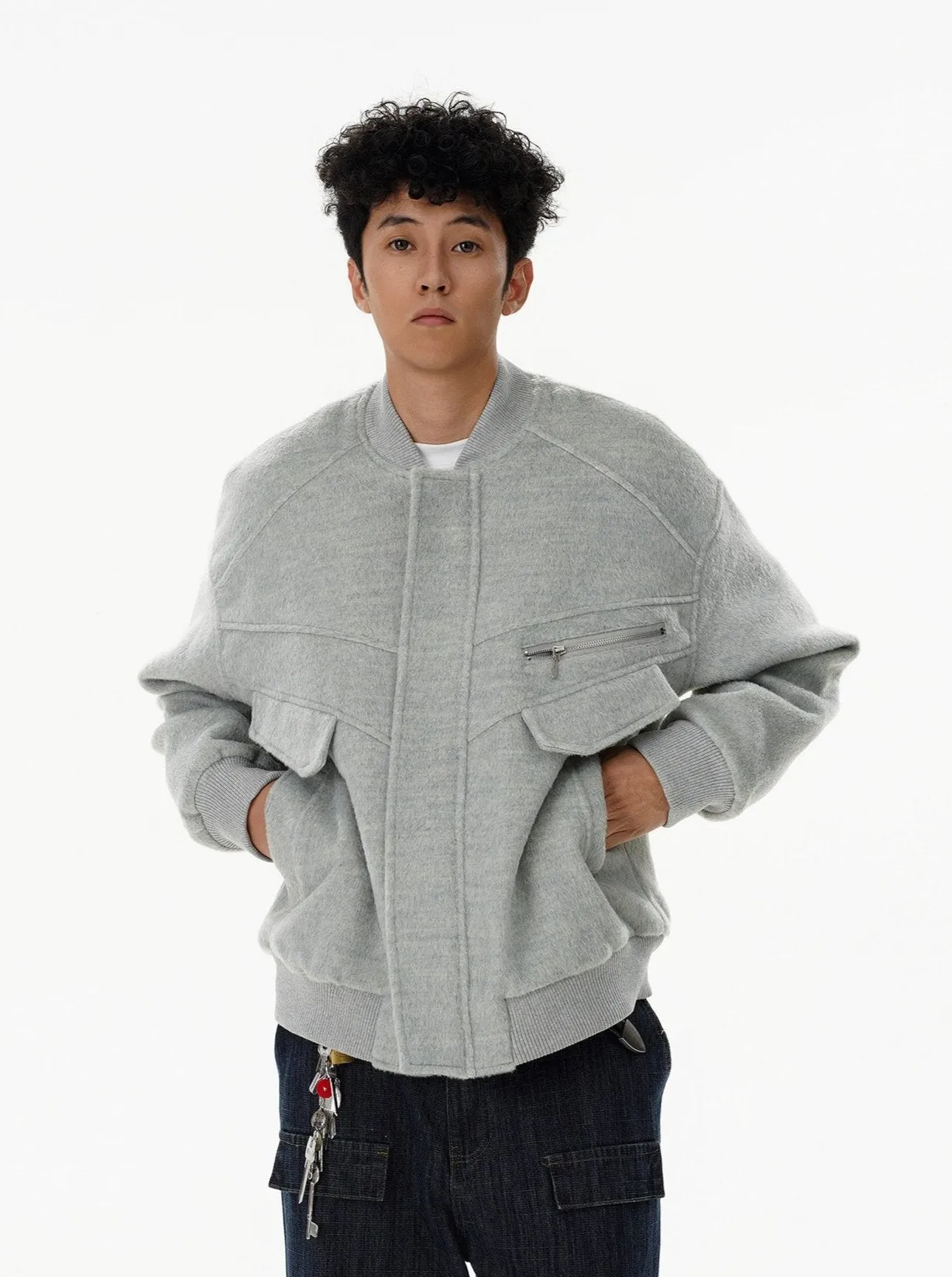 Oversized Drop Shoulder Bomber Jacket with Zip Pocket Detail