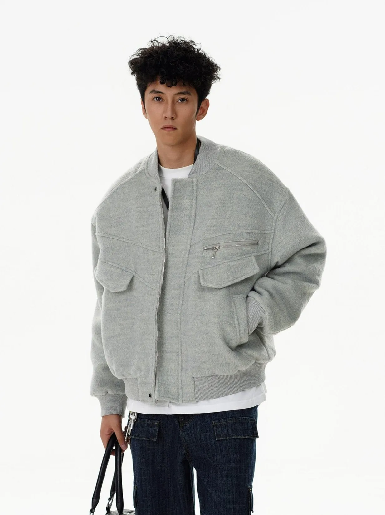 Oversized Drop Shoulder Bomber Jacket with Zip Pocket Detail
