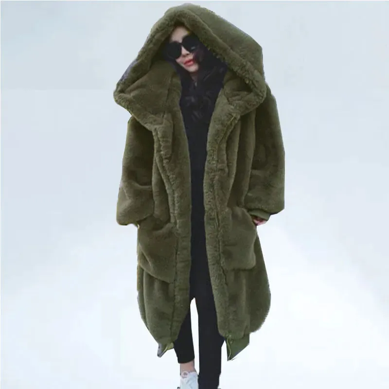 Oversized Faux Fur Hoodies Long Trench Coat