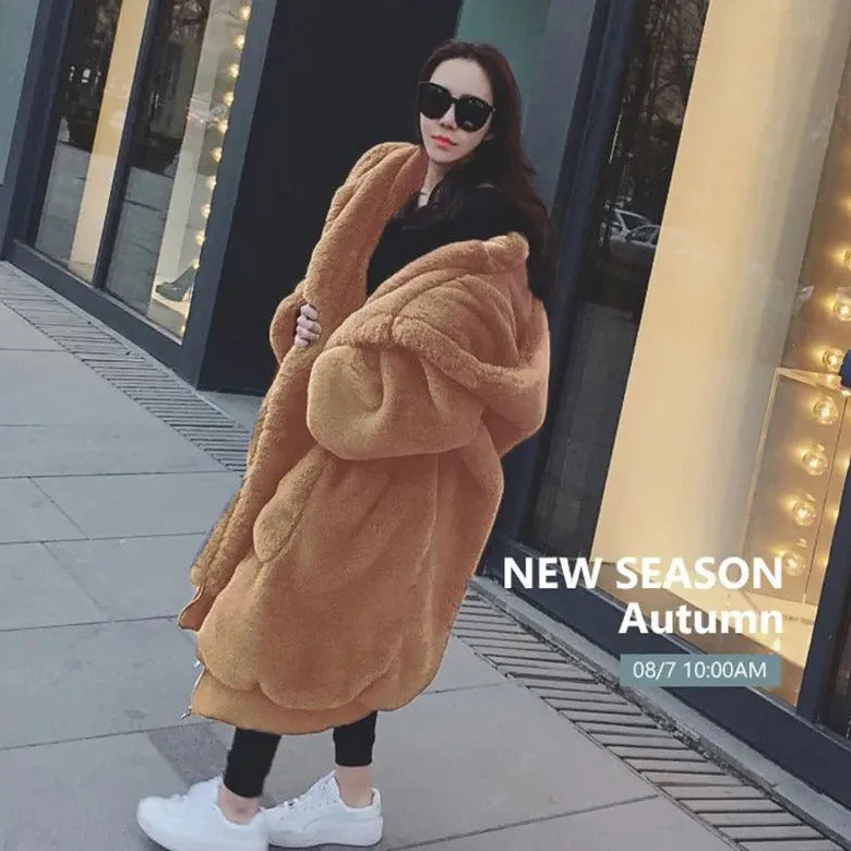 Oversized Faux Fur Hoodies Long Trench Coat