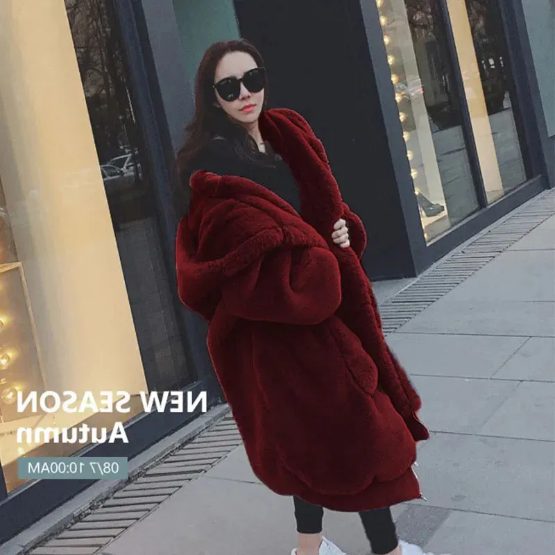 Oversized Faux Fur Hoodies Long Trench Coat