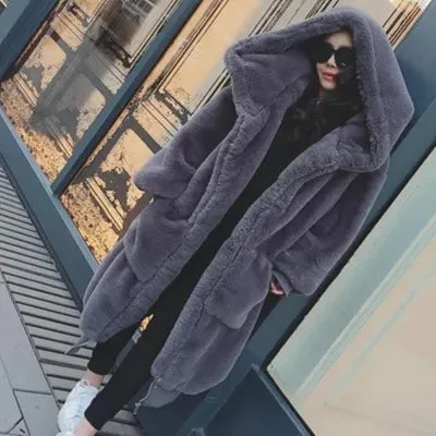 Oversized Faux Fur Hoodies Long Trench Coat