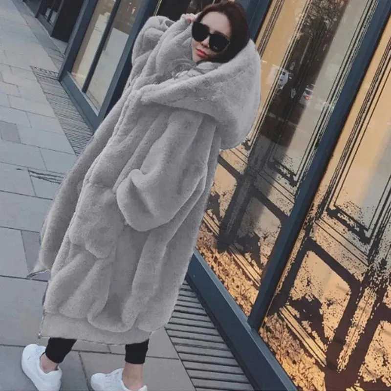 Oversized Faux Fur Hoodies Long Trench Coat