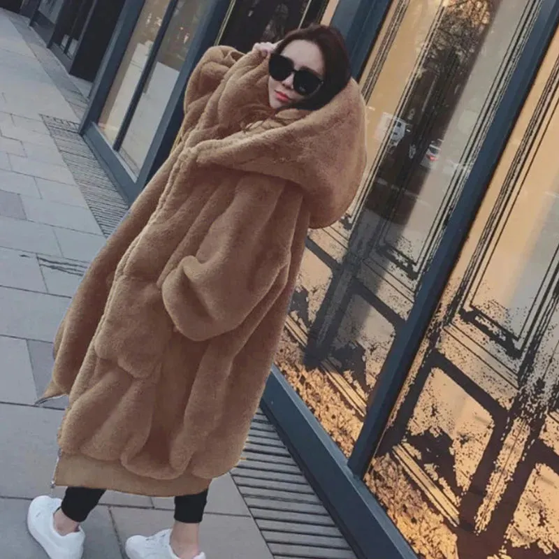 Oversized Faux Fur Hoodies Long Trench Coat