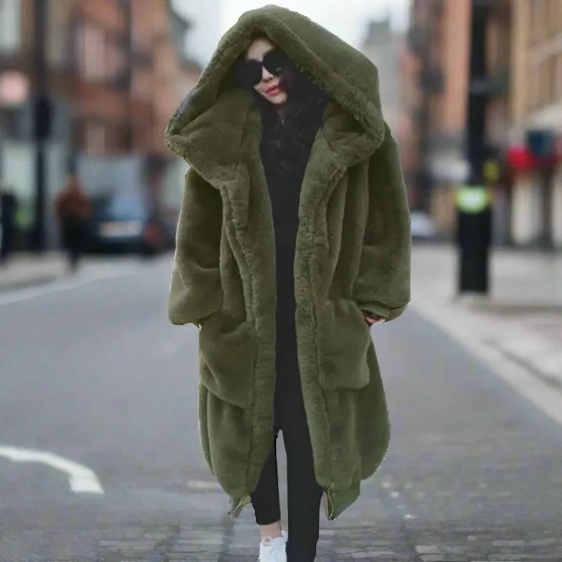 Oversized Faux Fur Hoodies Long Trench Coat