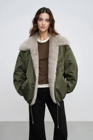 Oversized Water Repellent Bomber Puffer Coat with Toscana Shearling Collar