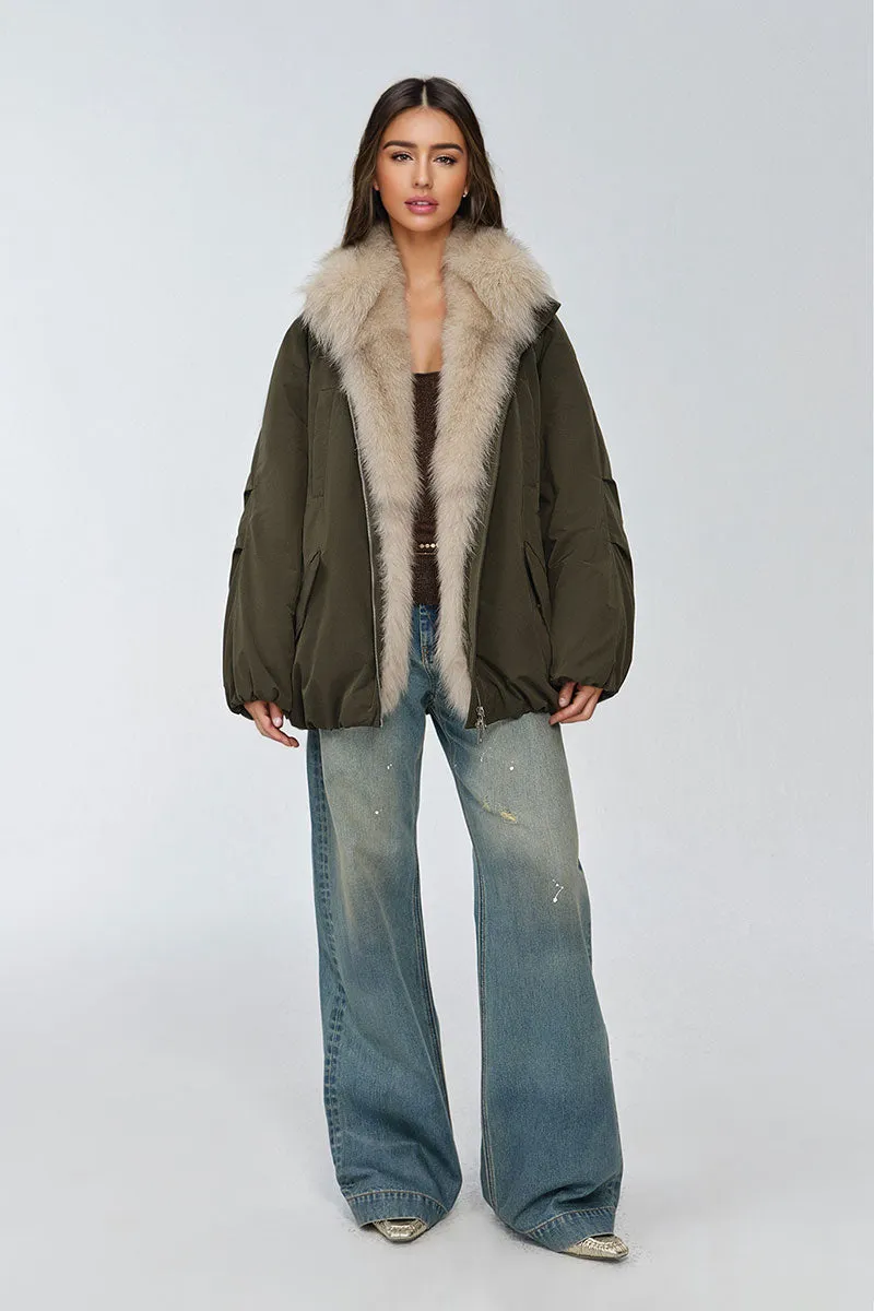 Oversized Water Repellent Puffer Bomber Coat with Detachable Fox Fur Collar