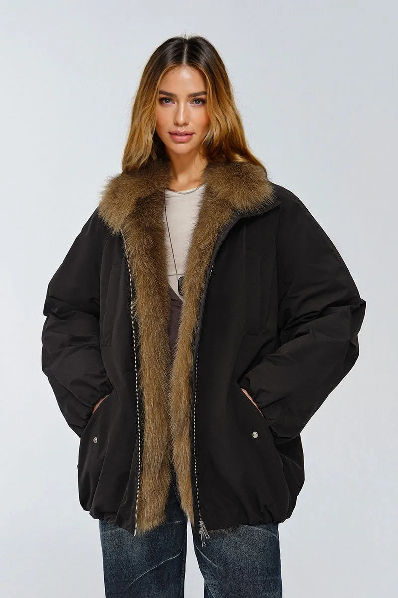 Oversized Water Repellent Puffer Bomber Coat with Detachable Fox Fur Collar