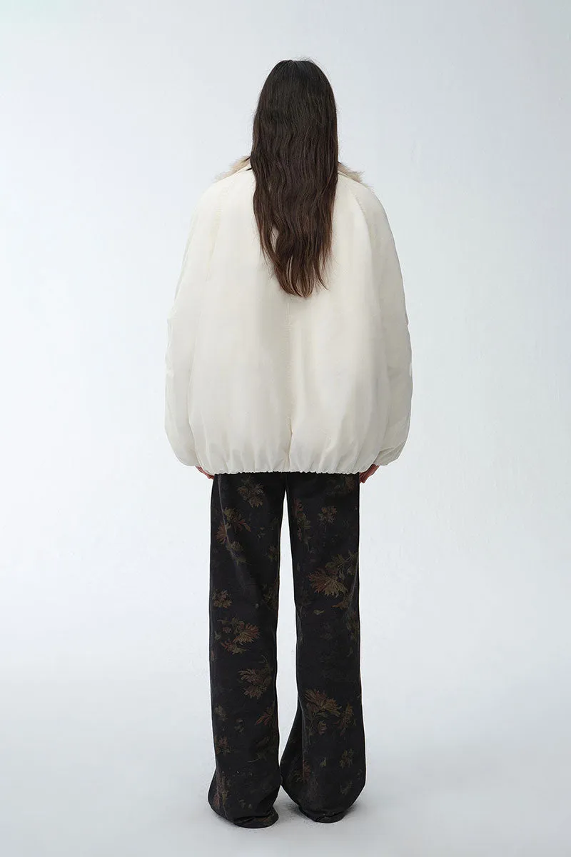 Oversized Water Repellent Puffer Bomber Coat with Detachable Fox Fur Collar