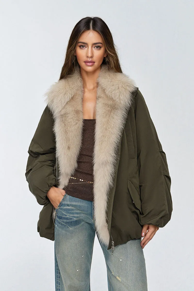 Oversized Water Repellent Puffer Bomber Coat with Detachable Fox Fur Collar