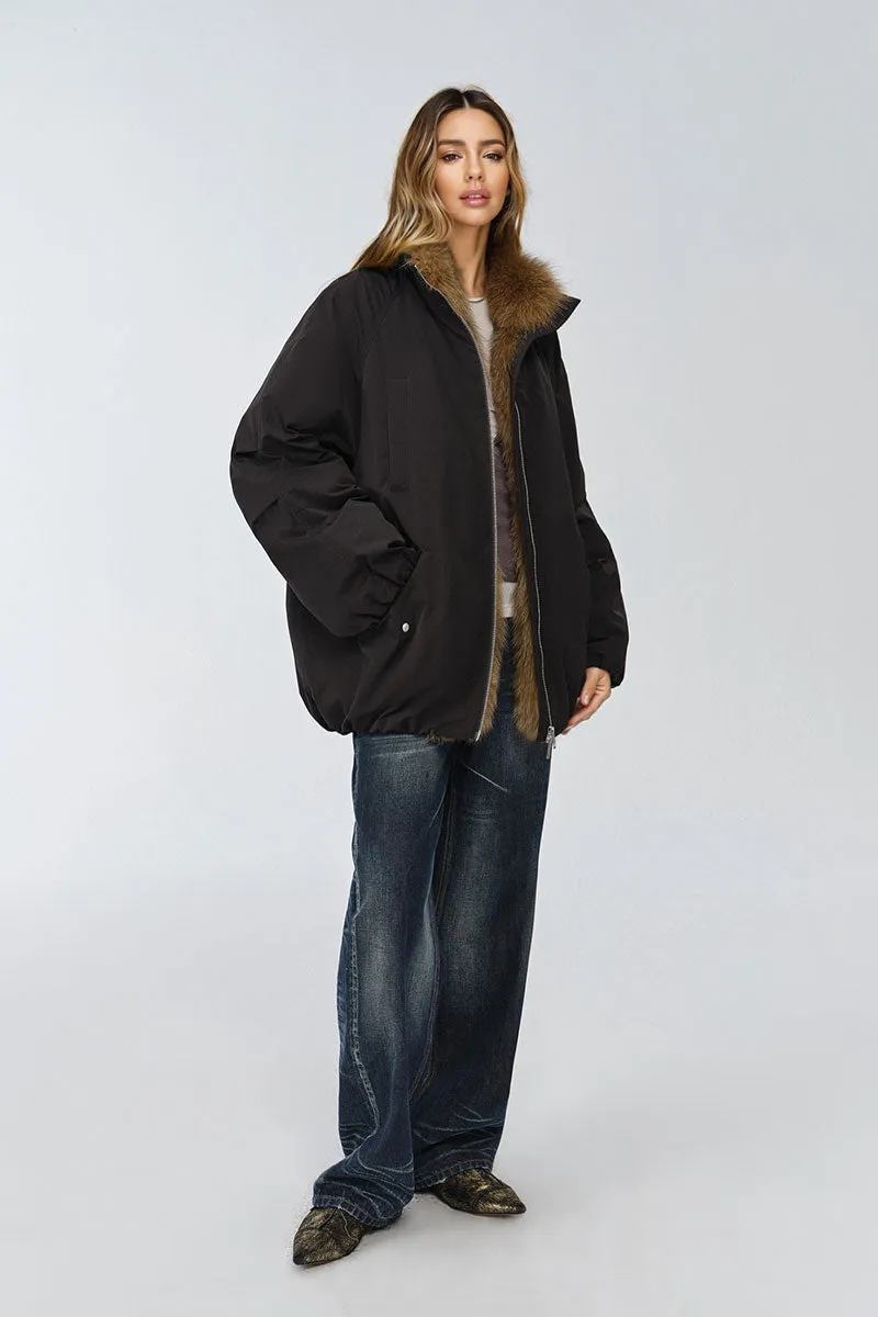 Oversized Water Repellent Puffer Bomber Coat with Detachable Fox Fur Collar