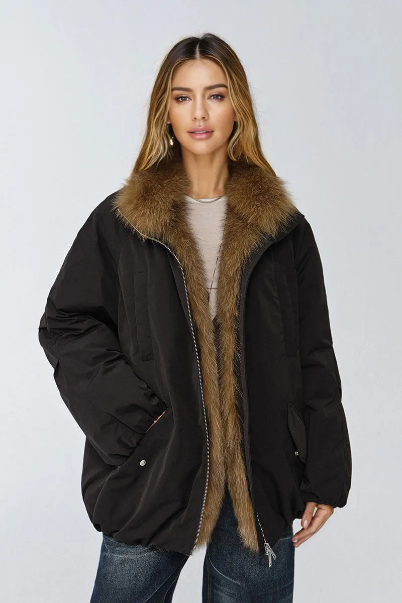 Oversized Water Repellent Puffer Bomber Coat with Detachable Fox Fur Collar