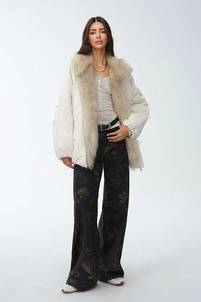 Oversized Water Repellent Puffer Bomber Coat with Detachable Fox Fur Collar
