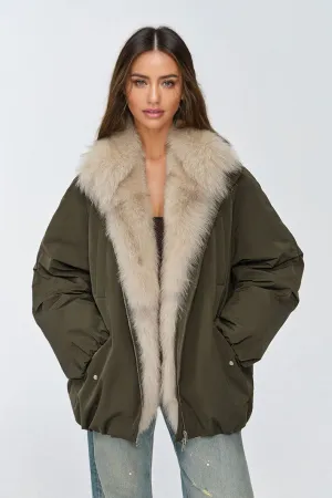Oversized Water Repellent Puffer Bomber Coat with Detachable Fox Fur Collar