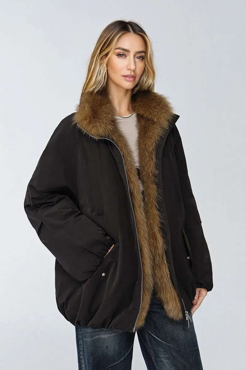 Oversized Water Repellent Puffer Bomber Coat with Detachable Fox Fur Collar