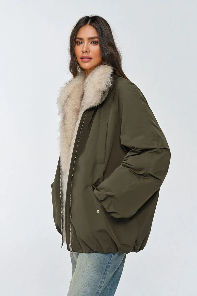 Oversized Water Repellent Puffer Bomber Coat with Detachable Fox Fur Collar