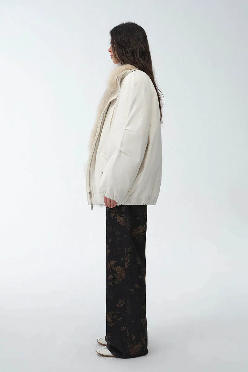 Oversized Water Repellent Puffer Bomber Coat with Detachable Fox Fur Collar