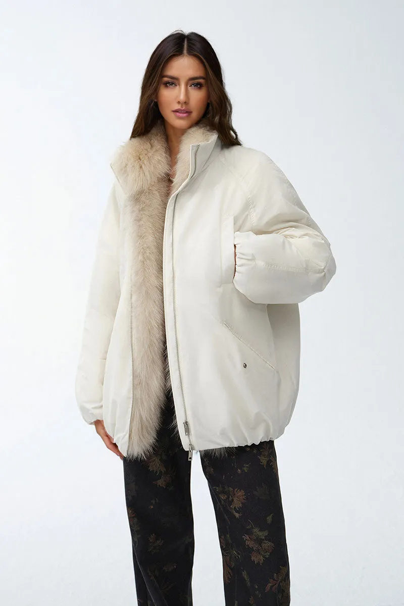 Oversized Water Repellent Puffer Bomber Coat with Detachable Fox Fur Collar