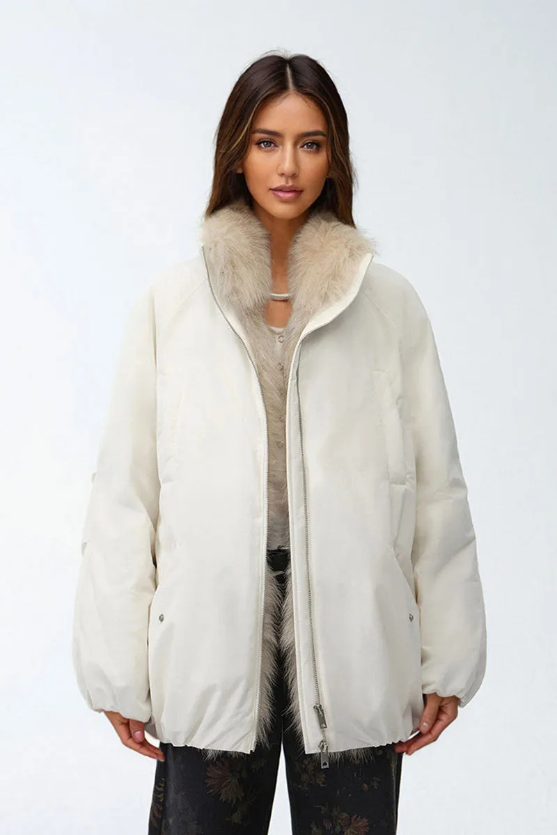 Oversized Water Repellent Puffer Bomber Coat with Detachable Fox Fur Collar