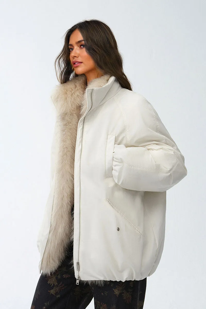Oversized Water Repellent Puffer Bomber Coat with Detachable Fox Fur Collar