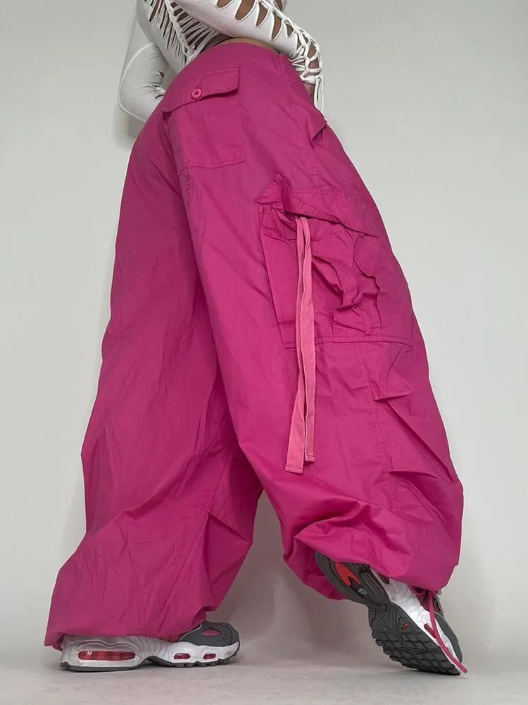Parachute Oversized Cargo Pants 2023 Summer New Sweatpants Lace Up Ribbon Low Rise Chic Pink Pants