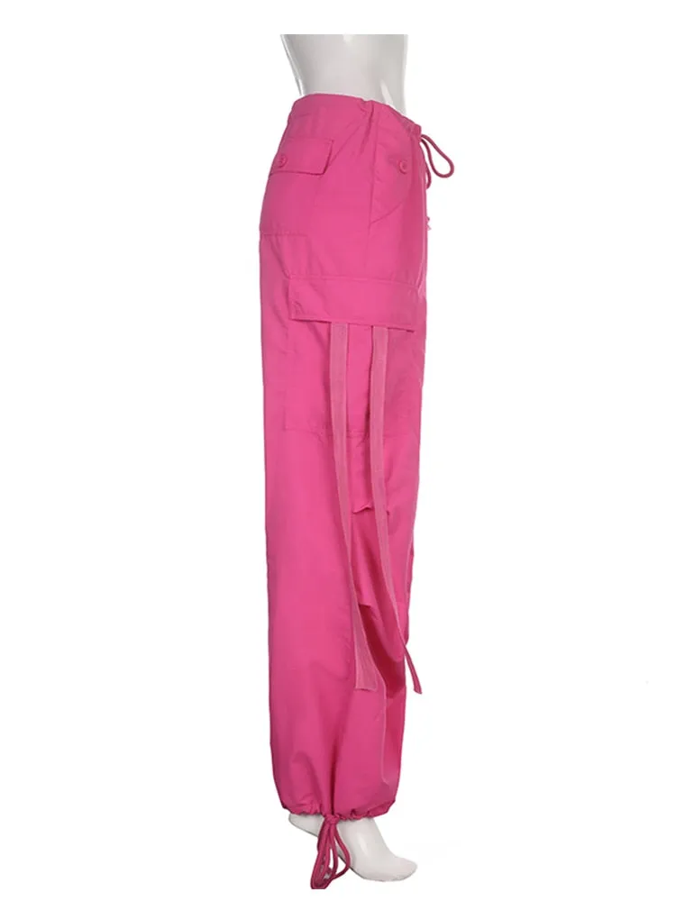 Parachute Oversized Cargo Pants 2023 Summer New Sweatpants Lace Up Ribbon Low Rise Chic Pink Pants