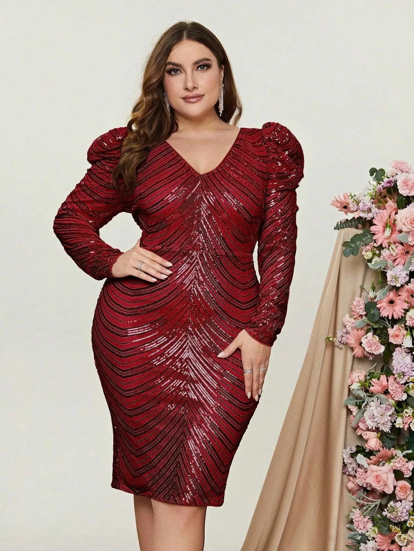 Plus Gigot Sleeves Sequin Midi Dresses