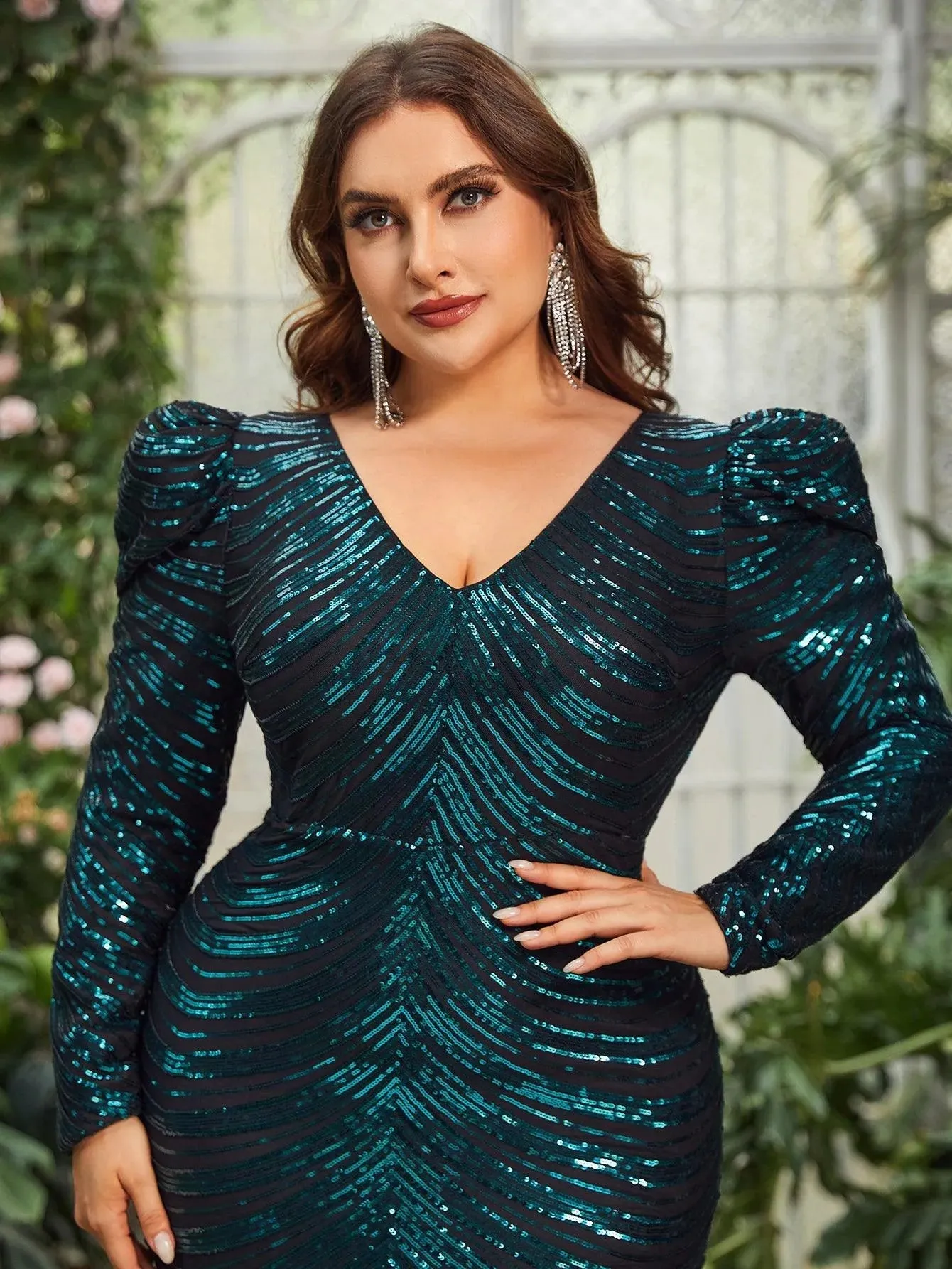 Plus Gigot Sleeves Sequin Midi Dresses