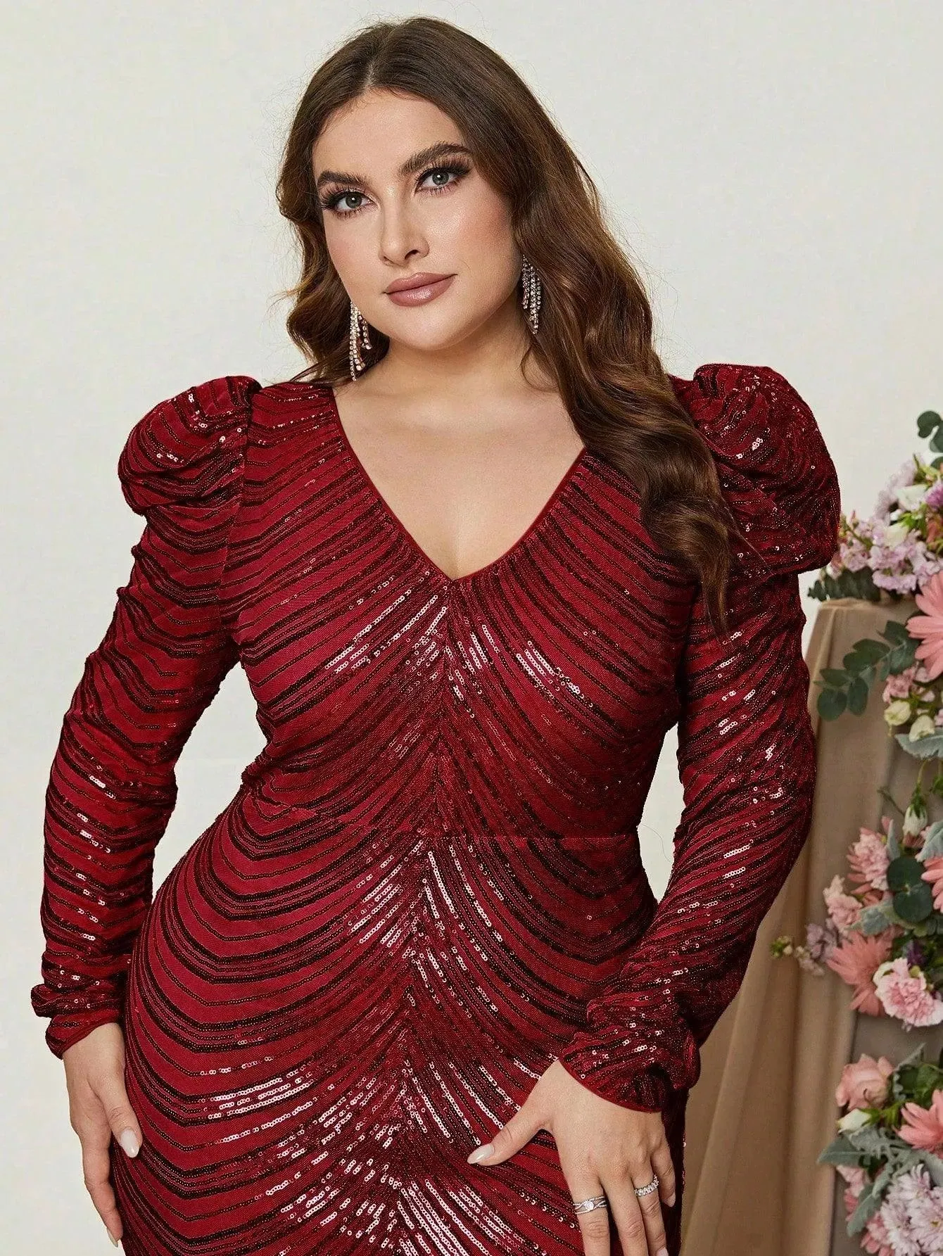 Plus Gigot Sleeves Sequin Midi Dresses