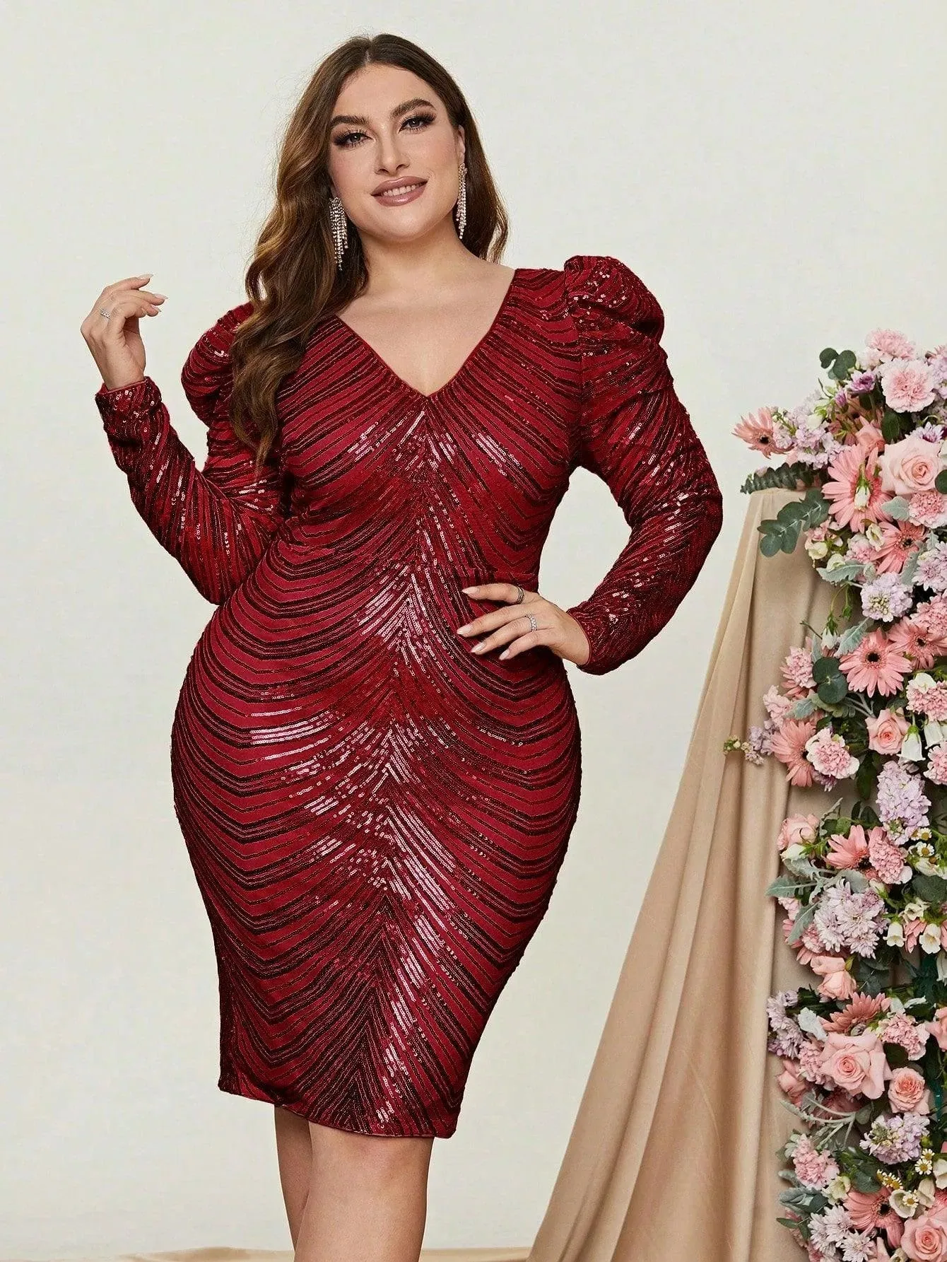 Plus Gigot Sleeves Sequin Midi Dresses