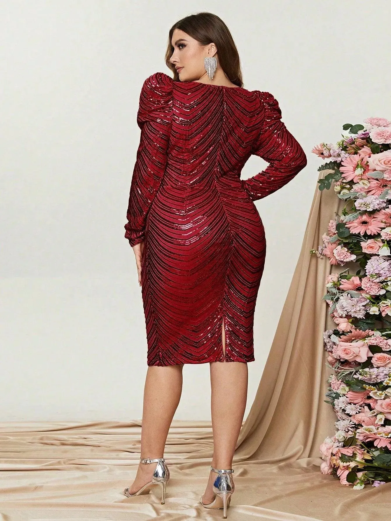 Plus Gigot Sleeves Sequin Midi Dresses