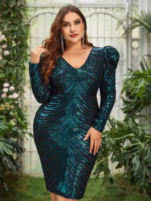Plus Gigot Sleeves Sequin Midi Dresses