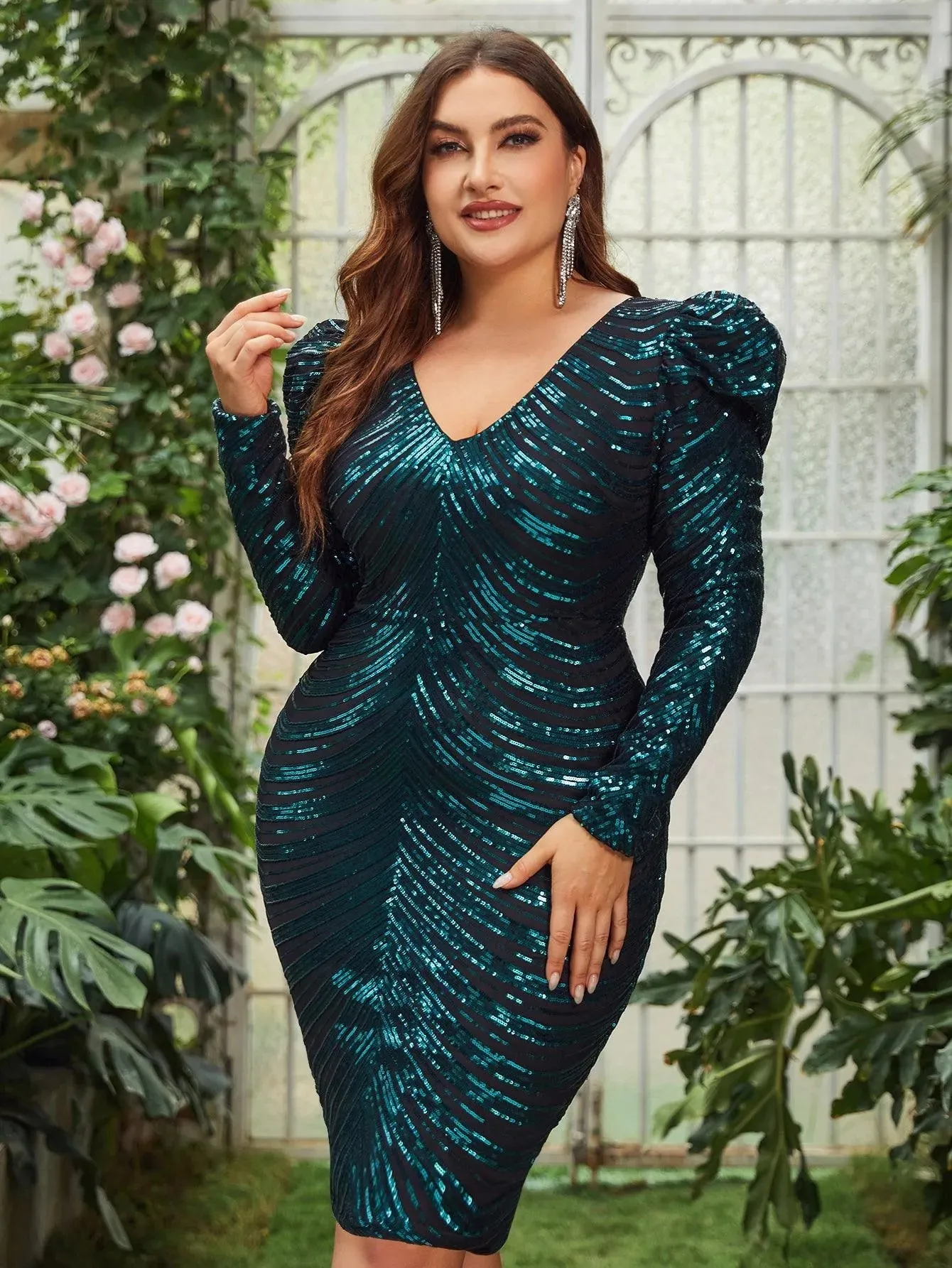Plus Gigot Sleeves Sequin Midi Dresses