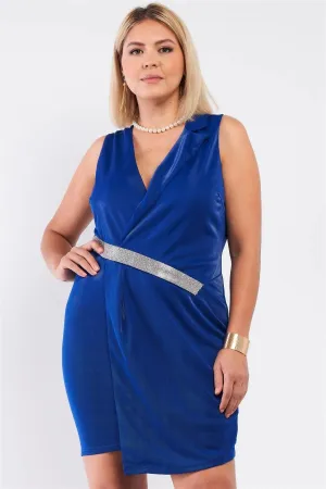 Plus Size Asymmetrical Wrap Rhinestones Fitted Blazer Dress