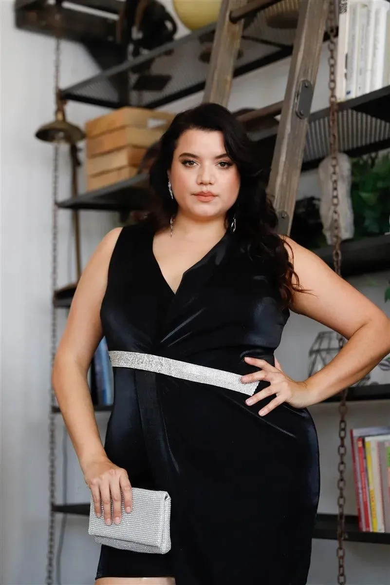 Plus Size Asymmetrical Wrap Rhinestones Fitted Blazer Dress
