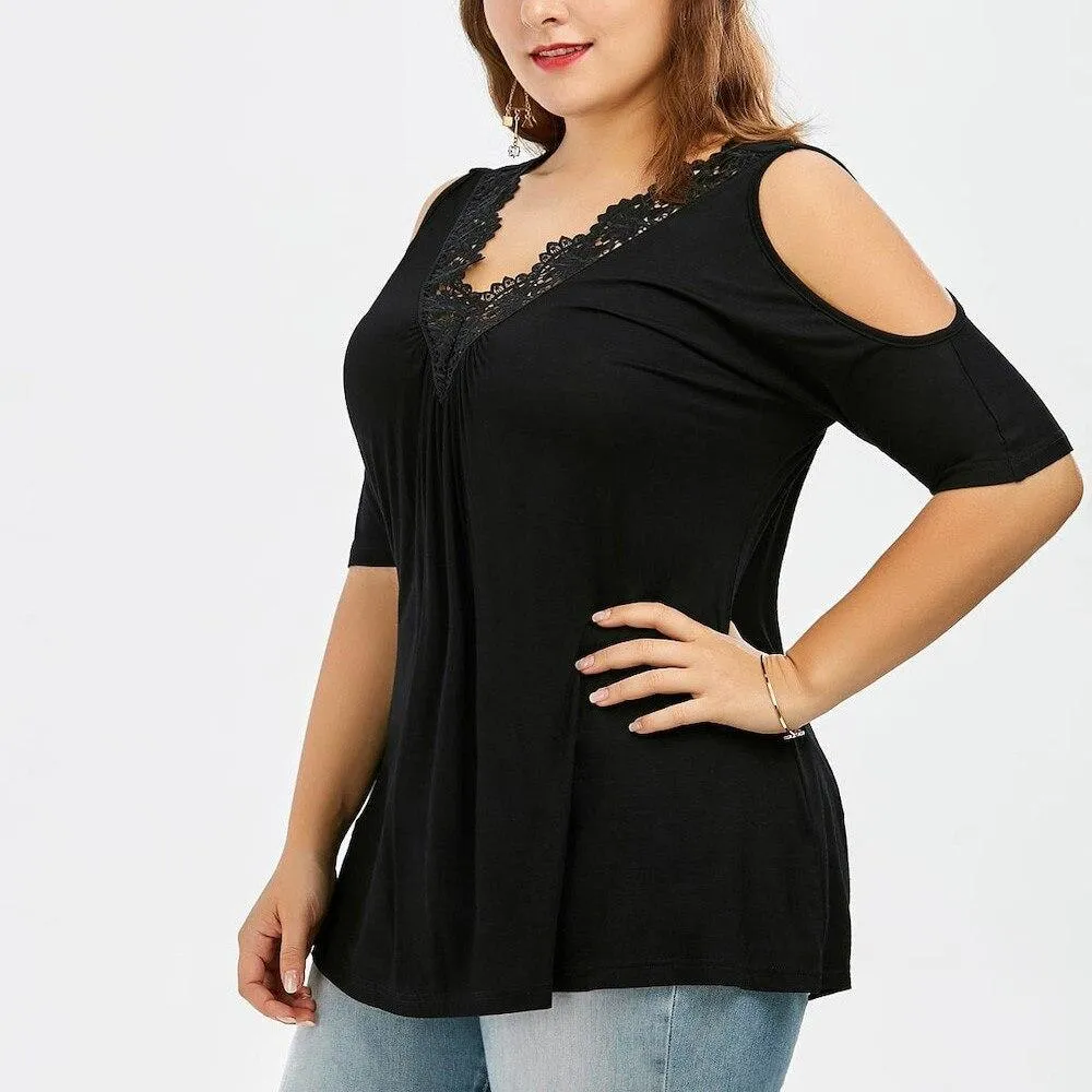 Plus Size Lace Trim V-Neck Loose Cold Shoulder Top