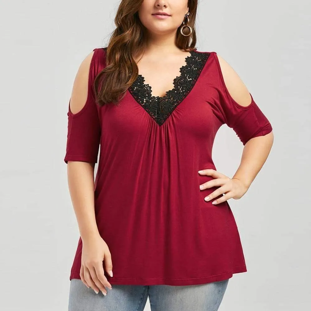 Plus Size Lace Trim V-Neck Loose Cold Shoulder Top